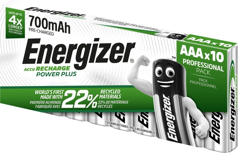 Akkus Energizer NiMH Power Plus Micro (AAA), 1,2 V, 700 mAh, aus 22% recycelten Materialien, Pack 10 Stück