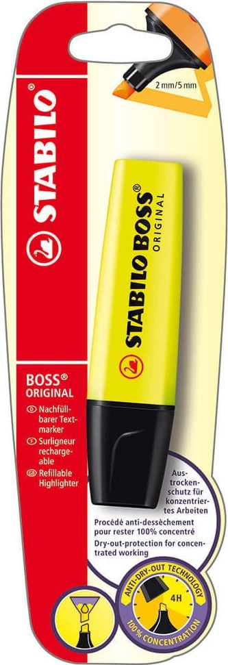 Textmarker STABILO BOSS ORIGINAL B-10129-10, ca. 2-5mm, Keilspitze, nachfüllbar, gelb,
Blisterkarte, gelb