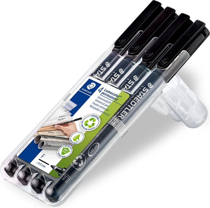 Folienschreiber Staedtler Lumocolor permanent pen 3189WP4HZ, ca. 0,6mm, wasserfest, Etui 4x318 schwarz