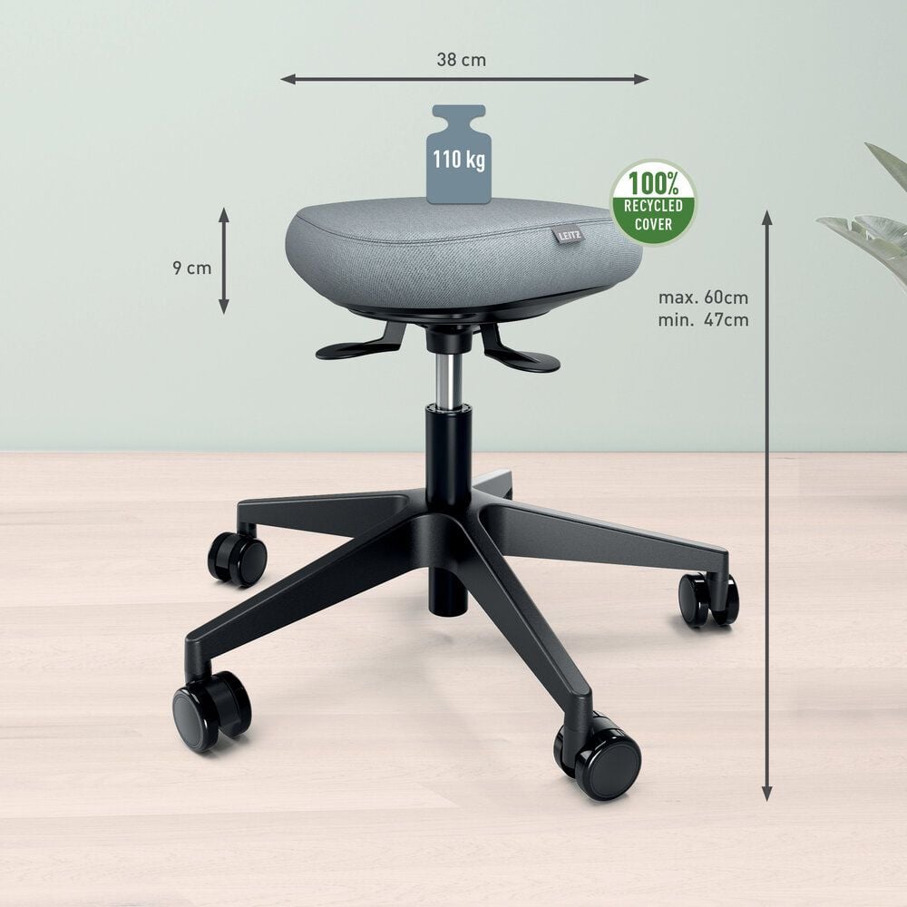 Sitzhocker Leitz Ergo Active 65770095, 47-60cm Sitzhöhe, dreieckiger Sitz mit
farbigem Bezug, Rollen für alle Bodenarten, grau