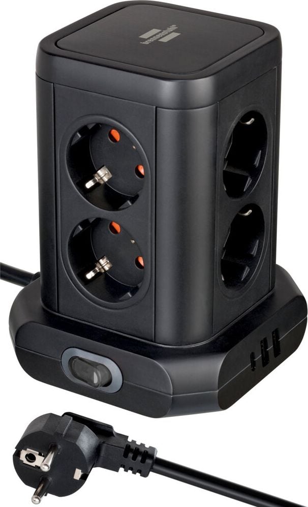 Steckdosenturm Brennenstuhl 1153560010, 45 Grad-Anordnung, 8x Steckdosen, 1x
Schalter, 2x USB-A, 1x USB-C, Ladebuchsen,
Kabellänge 2m, schwarz