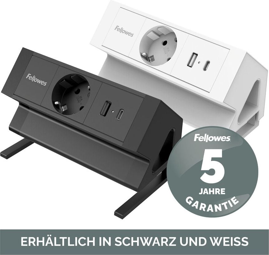 Tischsteckdosenleiste Fellowes Power Desk Type F 1fach+2 USB, Tischklemme, 1x Steckdose (230V), 1x USB-A, 1x USB-C, Kabellänge 2m, weiß