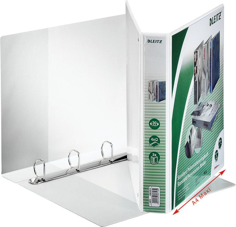 Präsentationsringbuch Leitz Standard 42850001, A4, 4 Ringe, 51mm Rücken, 30mm
Ringdurchmesser/Füllhöhe, weiß, Pack 6 Stück, weiß