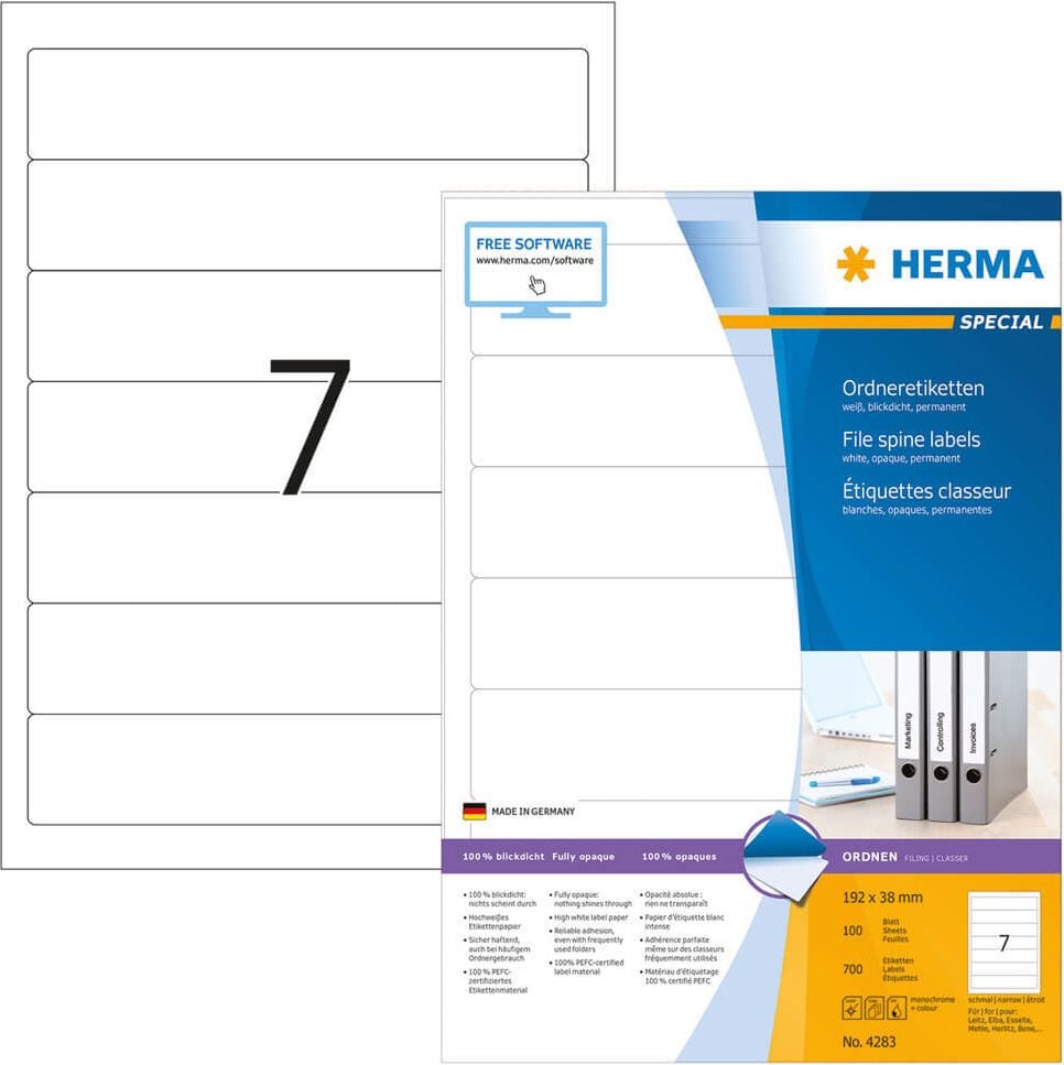 Rückenschilder Herma 4283, schmal/kurz, 192x38mm, auf A4, weiß, Pack 100
Blatt/700 Stück
