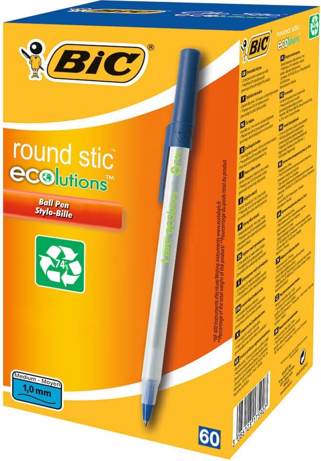 Kugelschreiber BIC Round Stic ECOlutions 8932402/8932392, Einweg, 0,4mm, Kappe mit Clip in
Schreibfarbe, Gehäuse 77% recycelter
Kunststoff, blau