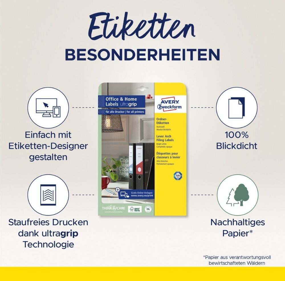 Rückenschilder Zweckform L4761-10 ultragrip, breit/kurz, 192x61mm, auf A4, weiß, Pack 10
Blatt/40 Stück
