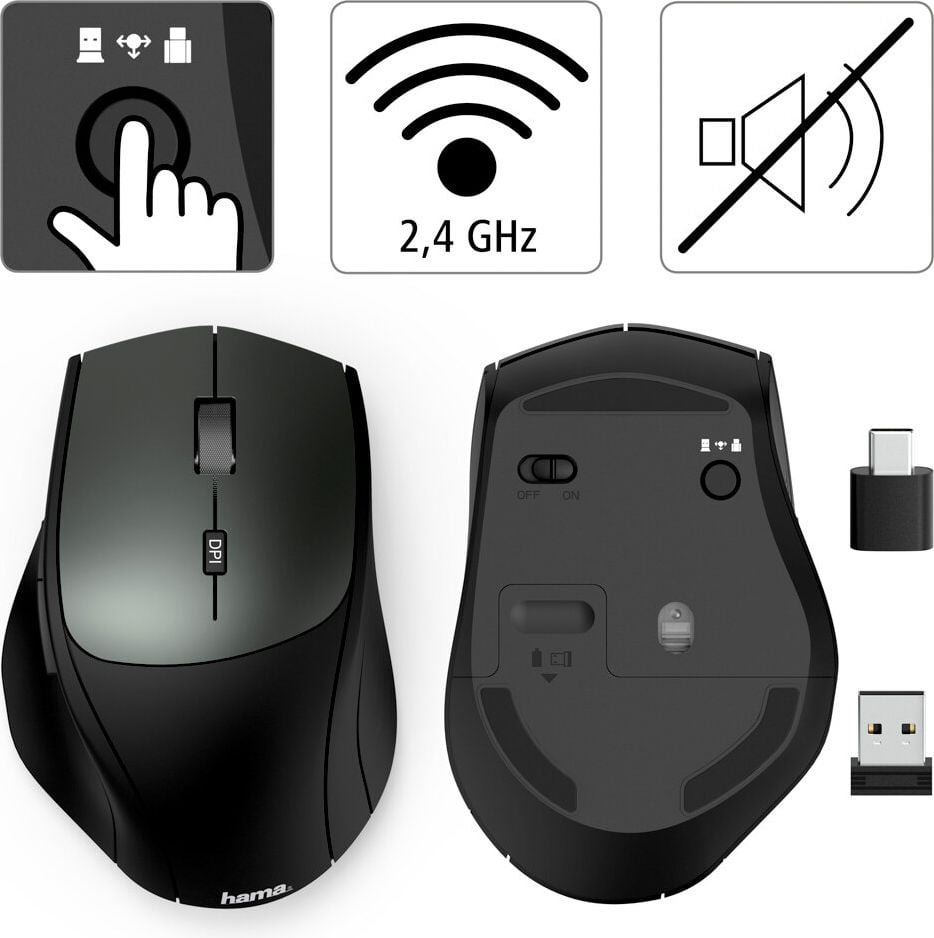 Maus Hama MW-600 Dual 00182616, Funk (2 Empfänger), 6 Tasten, optischer
Sensor, schwarz, schwarz