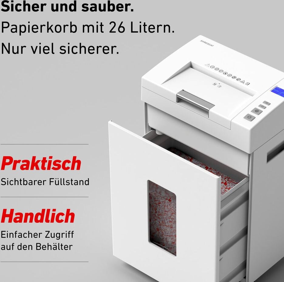 Aktenvernichter Ideal Shredcat 8292 CC P-4 82929111, 4x10mm Partikelschnitt, ca. 200 Blatt bzw. 10 Blatt, 26 Liter Behälter, weiß