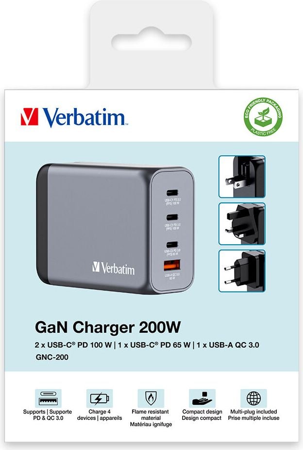 Ladegerät Verbatim GaN Charger 200W GNC-200 32204, 2x USB-C PD 100W, 1x USB-C PD 65W, 1x USB-A QC 3.0 (EU/UK/US), GaN, Überstrom-/Überspannungs-/Kurzschluss- und Übertemperaturschutz, grau