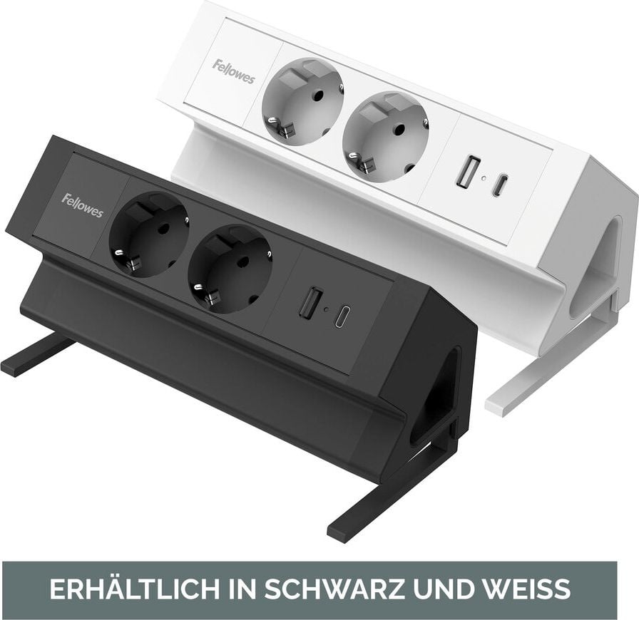 Tischsteckdosenleiste Fellowes Power Desk 2 Type F 2-fach, Tischklemme, 2x Steckdosen (230V), 1x USB-A, 1x USB-C, Kabellänge 2m, weiß