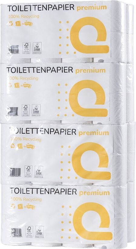 Toilettenpapier Huchtemeier Papier premium T3F250-RC75, 100% Recycling, Dekorprägung, 3-lagig, hochweiß, Pack 64 Rollen à 250 Blatt