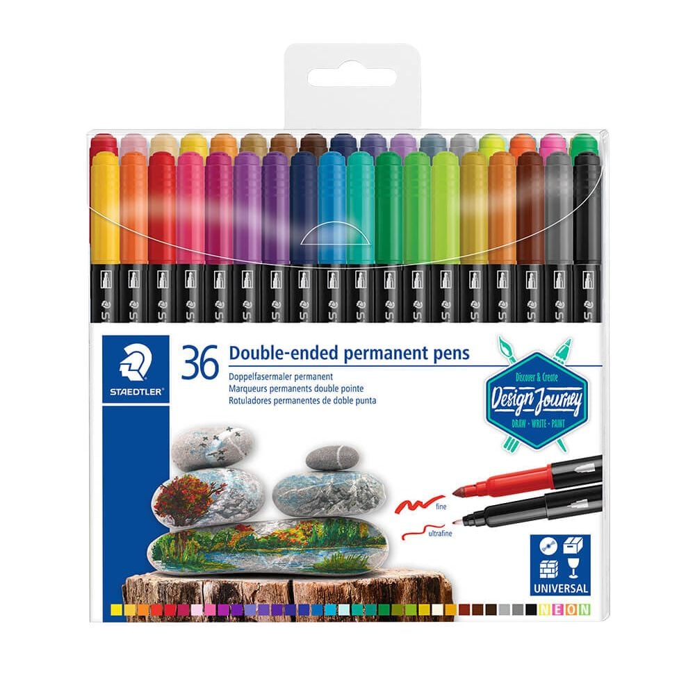 Fasermaler Staedtler 3187 TB36 Doppelfasermaler, 2 Spitzen (ca. 0,5mm + ca. 3,0mm), Etui mit
36 Farben