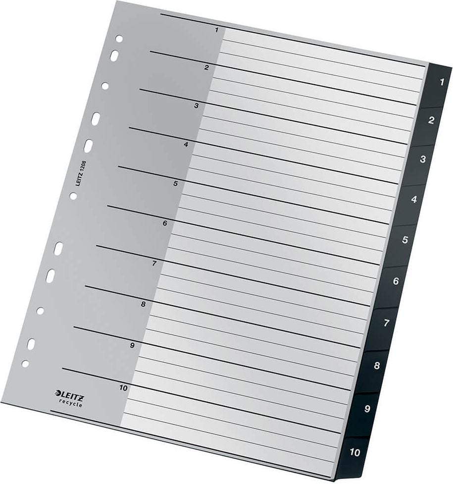 Kunststoffregister Leitz A4 Überbreite 1-10 Recycle 1208, A4 Überbreite, 1-10, 10-teilig, recyceltes PP, grau
