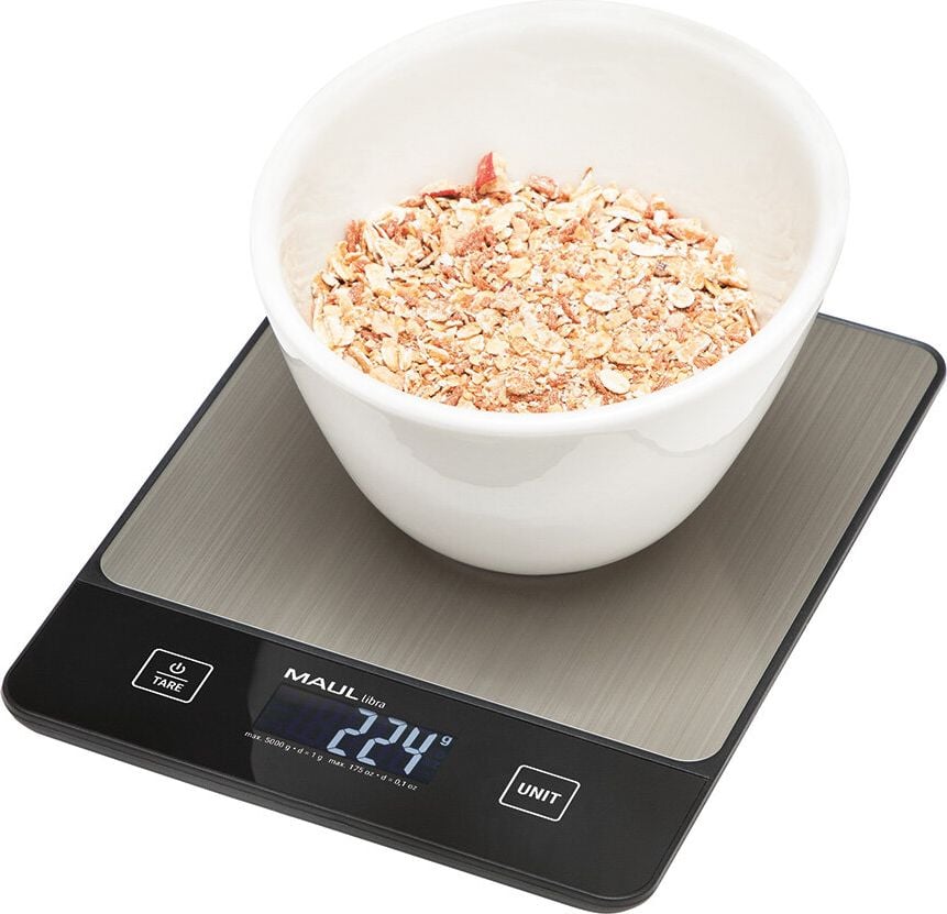Briefwaage Maul MAULlibra 1657090, bis 5000g, Batteriebetrieb,
schwarz/gebürsteter Edelstahl