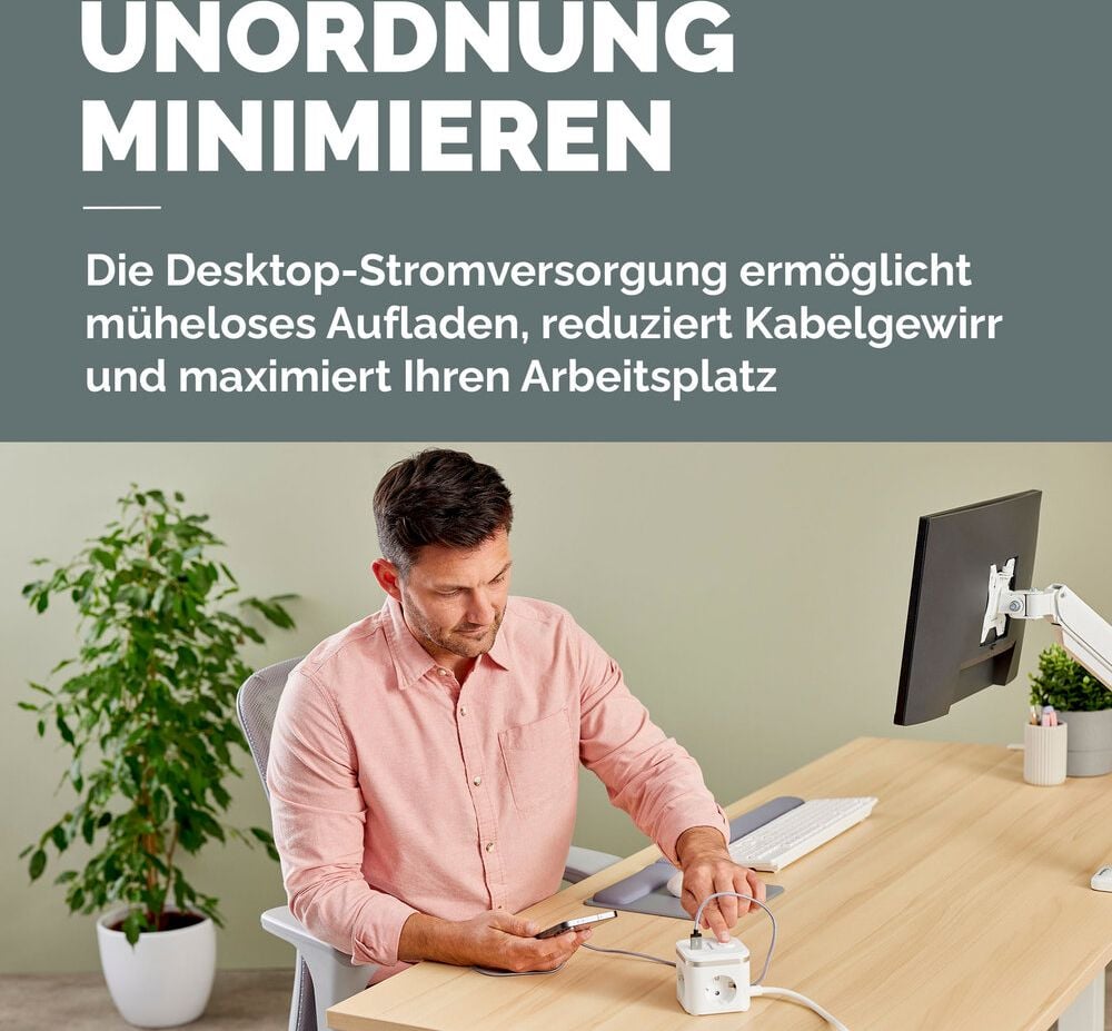 Steckdosenwürfel Fellowes Power Cube Type F, 3x Steckdosen, 1x USB-A, 2x USB-C, Kabellänge
2m, Ein-/Ausschalter, weiß