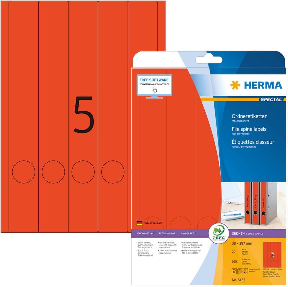 Rückenschilder Herma 5132, schmal/lang, 297x38mm, auf A4, rot,
Pack 20 Blatt/100 Stück