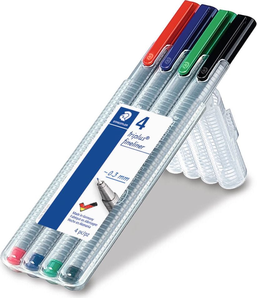 Fineliner Staedtler triplus 334 SB4, ca. 0,3mm, metallgefasste Spitze,
Dreikantschaft, aus 97% Rezyklat, Kunststoffetui mit 4 Farben