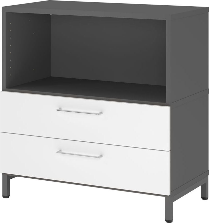 Regal Hammerbacher VFW28S2KU/G mit Schubladen, Threespine-Klicksystem, 80 x 41,7 x 82,8 cm
(B x T x H), mit Stahlsockel, 2 Ordnerhöhen,
Korpus: graphit, weiß