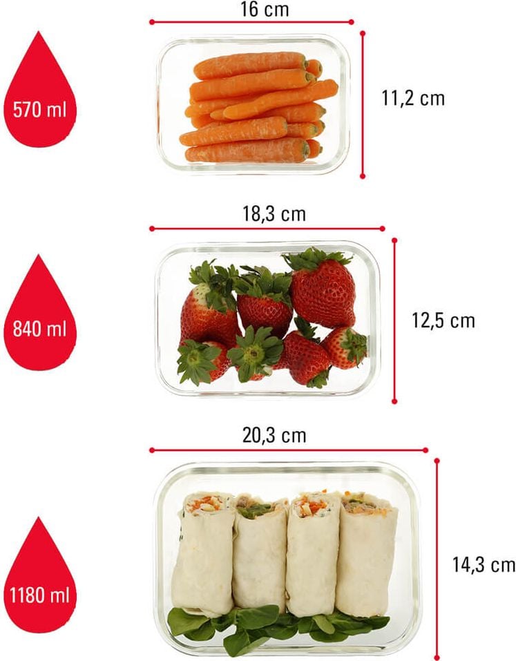 Frischhalteboxen Clauss Klickboxen 10003, 3er Set (570/840/1180ml), Glas, Deckel mit
4-Klick-System, spülmaschinengeeignet