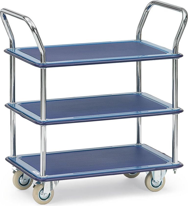 Transportwagen fetra Tischwagen 3113, 74x48cm Ladefläche, 3 Böden, bis 120kg, silber/blau