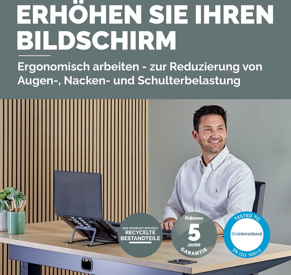 Notebookständer Fellowes Alumia, bis 15 Zoll Notebooks, flach zusammenklappbar,
6 stufig höhenverstellbar, 93% recyceltes Material, Aluminium, schwarz