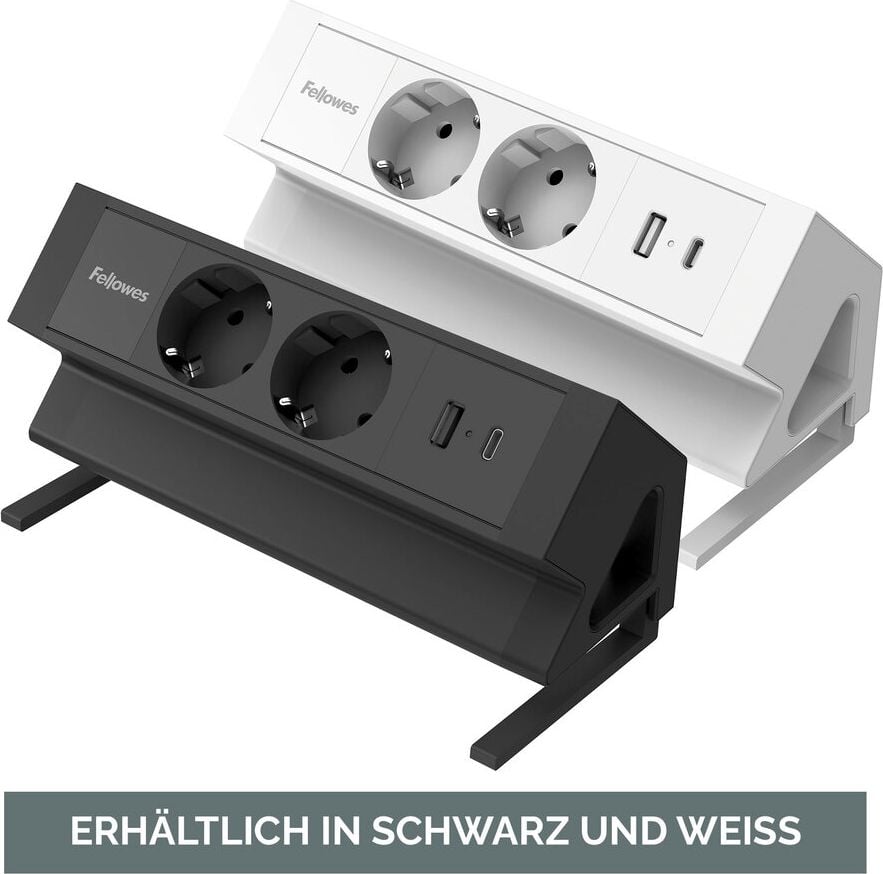 Tischsteckdosenleiste Fellowes Power Desk 2 Type F 2-fach, Tischklemme, 2x Steckdosen (230V), 1x USB-A, 1x USB-C, Kabellänge 2m, schwarz