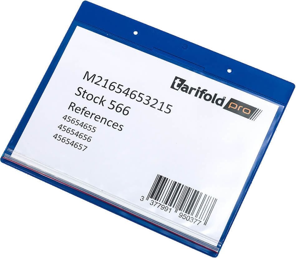 Gitterboxtaschen tarifold Kennzeichnungshülle 16304, A4 quer, variable Befestigung,
feuchtigkeitsgeschützt, PVC, Pack 10 Stück, blau