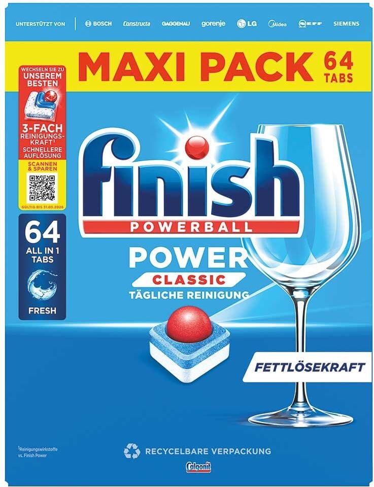Spülmaschinentabs finish Power Classic Maxipack, Pack 64 Tabs