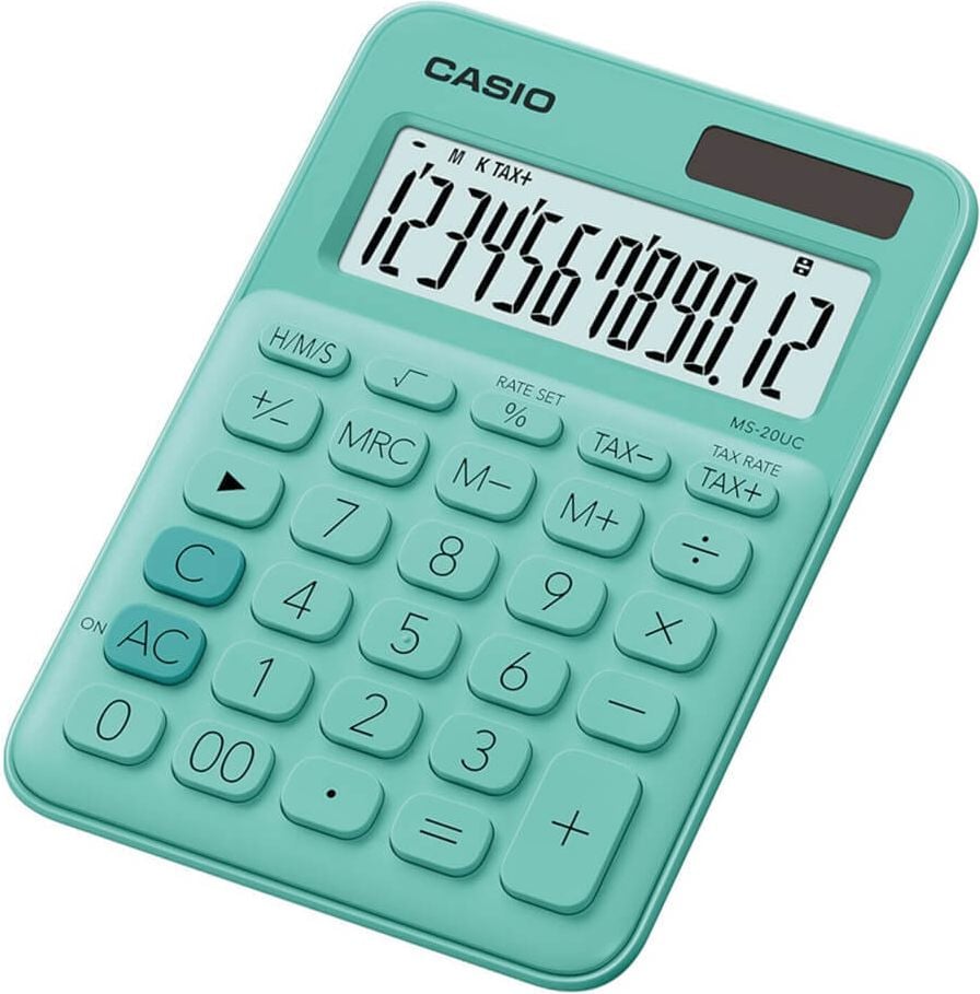 Tischrechner Casio MS-20UC, 12-stelliges LC-Display, Solar- und Batteriebetrieb, hellgrün