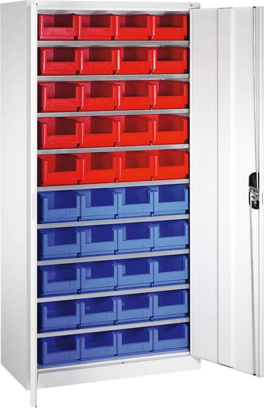 Werkstattschrank CP Serie 13 Magazinschrank 133144-24, 100x198x42cm (BxHxT), 9 Böden,
40 Sichtlagerkästen, 2 Flügeltüren, hellgrau