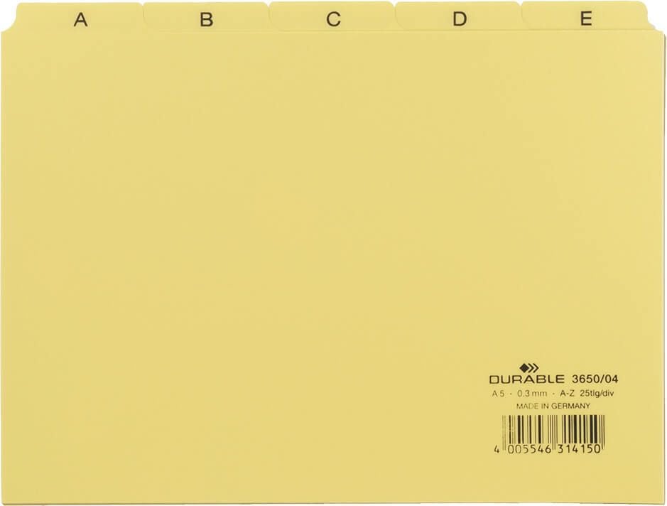 Karteikartenregister Durable A5 3650, Kunststoff, DIN A5 quer, A-Z, 25-teilig, gelb
