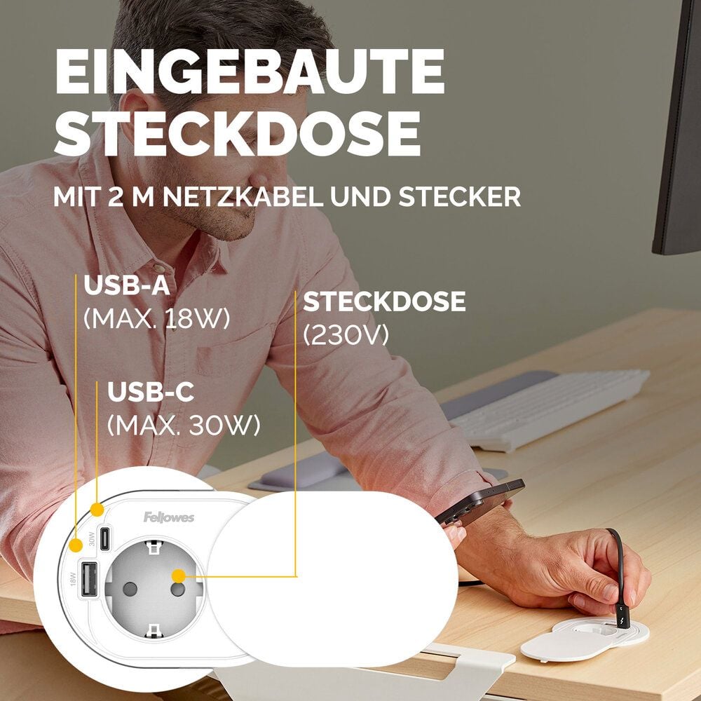 Einbausteckdose Fellowes Power Spot Type F, 1x Steckdose, 1x USB-A, 1x USB-C, Kabellänge
2m, Schiebeabdeckung, weiß