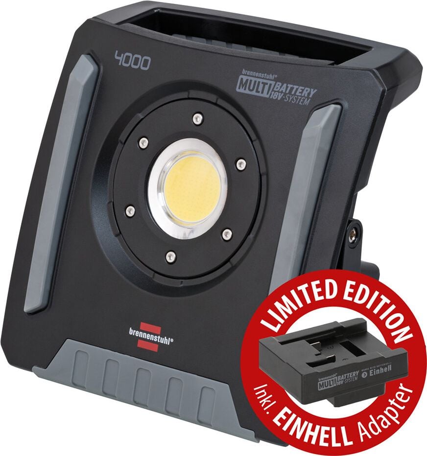 LED-Baustrahler Brennenstuhl Professional Multi Battery, 40 Watt, 4500 Lumen, Standfuß, Tragegriff, 4 Schaltstufen, IP65, IK08, inkl. Einhell-Adapter, schwarz