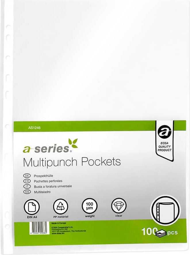 Prospekthüllen a-series DIN A4 AS1246, oben/links offen, glasklar, PP-Folie 100my,
Pack 100 Stück