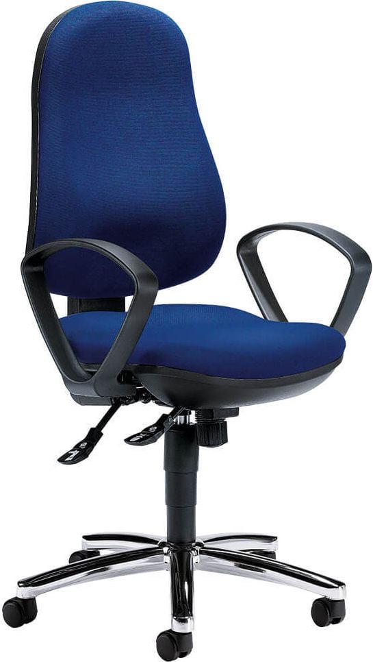 Bürodrehstuhl Deskin COMFORT I, Fußkreuz verchromt, mit Armlehnen feste Höhe, Teppichbodenrollen, blau