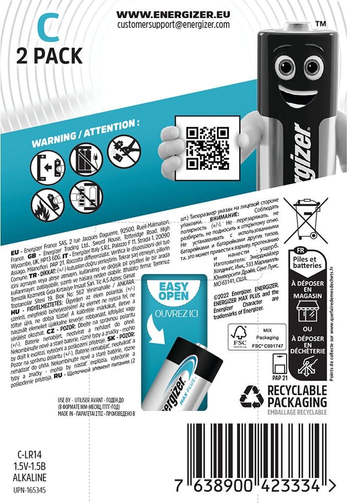 Batterien Energizer Max Plus Baby (C), 1,5 V, mit Geräte-Auslaufschutz, bis zu 15 Jahre Leistungserhalt, Pack 2 Stück