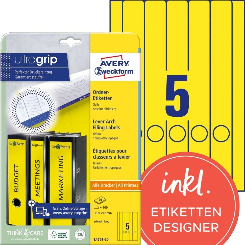 Rückenschilder Zweckform L4751-20 ultragrip, schmal/lang, 297x38mm, auf A4, gelb, Pack 20
Blatt/100 Stück