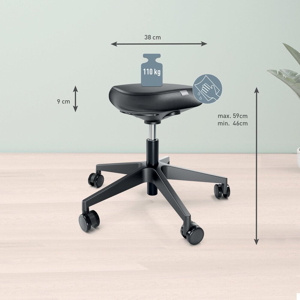 Sitzhocker Leitz Ergo 65780095, 46-59cm Sitzhöhe, dreieckiger Sitz, Rollen
für alle Bodenarten, schwarz