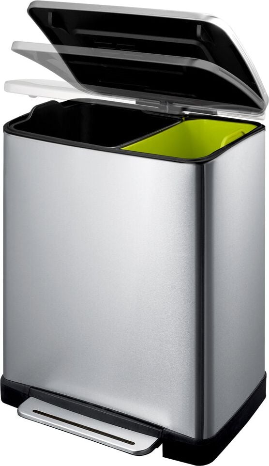 Abfalltrenner EKO E-CUBE, 10 Liter + 9 Liter, rechteckig, mit Tretpedal, 2x Kunststoff-Inneneimer, Soft-Close-Deckel, Edelstahl matt, silber