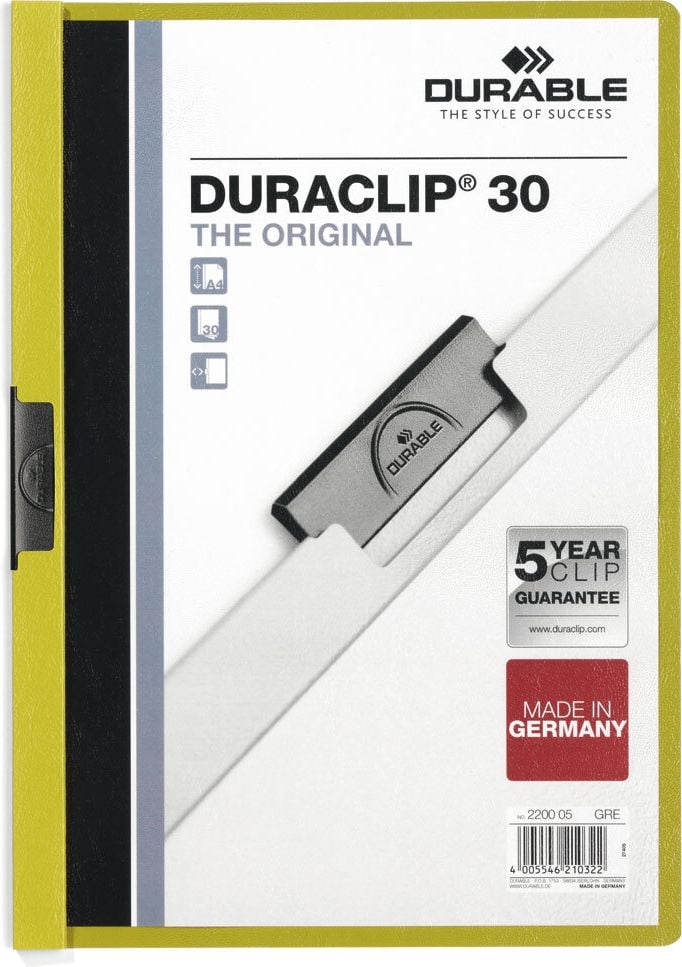 Klemmhefter Durable Duraclip 30 A4 2200, für 30 Blatt, Metallclip, transparenter
Vorderdeckel, farbiger Rückdeckel, grün