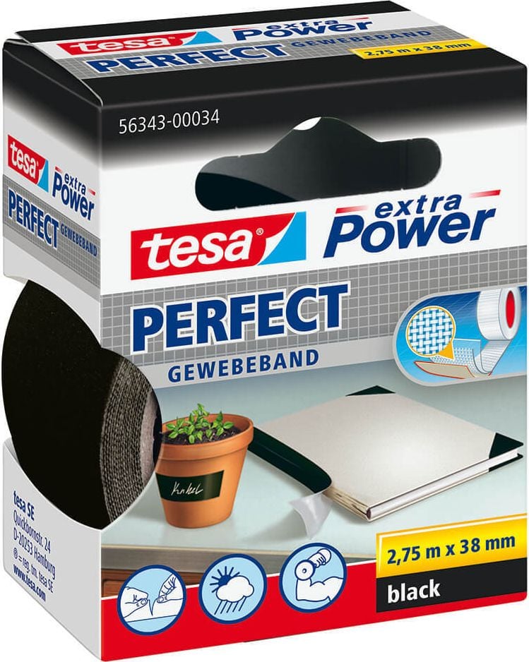Gewebeband Tesa extra Power Perfect 56343, 38mm x 2,75m, beschriftbar, schwarz