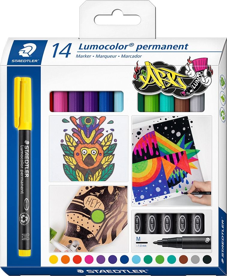 Folienschreiber Staedtler Lumocolor permanent pen 317 C14, ca. 0,8 - 1 mm, wasserfest, Etui mit 14
Farben