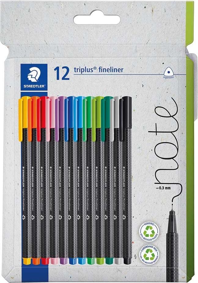 Fineliner Staedtler Triplus 334 C12, ca. 0,3 mm, Dreikantschaft, Gehäuse 97% recyceltes Plastik, Blister mit 12 Farben