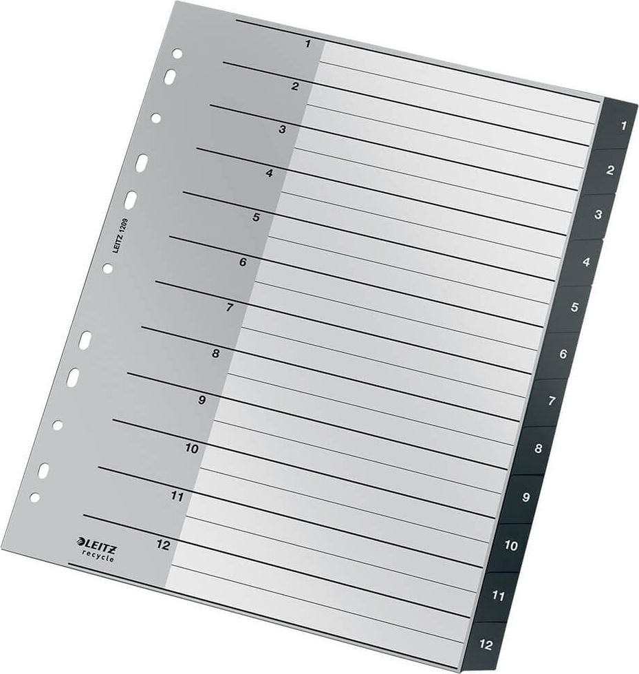 Kunststoffregister Leitz A4 Überbreite 1-12 Recycle 1209, A4 Überbreite, 1-12, 12-teilig, recyceltes PP, schwarz (graues Deckblatt)