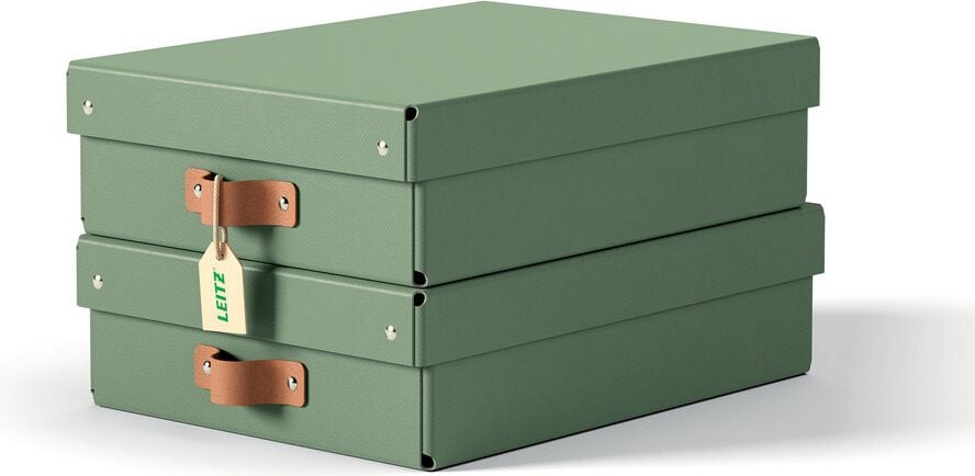 Aufbewahrungsbox Leitz Puro klein, 7 Liter, 200x150x280mm, mit Deckel, 100%
Recyclingkarton, Pack 2 Stück, grün