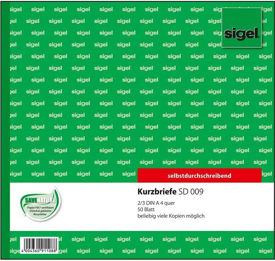 Kurzbrief Sigel SD009, 21x20cm (2/3-DIN A4), selbstdurchschreibend,
Block 50 Blatt
