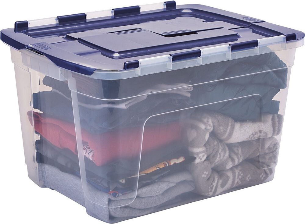 Aufbewahrungsboxen Bankers Box Tote Box with hinged Lid, 55 Liter, Außenmaße: 590x430x350mm (BxTxH), PP 100% BPA-frei, geteilter Deckel, transparent/blau