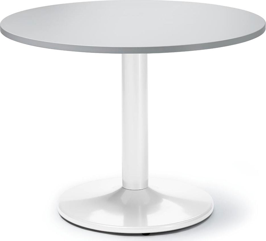 Besprechungstisch Deskin MODUL, 100cm Durchmesser, 73,5cm Höhe, Tellerfuß, Gestell Weiß RAL 9006, 28kg, grau