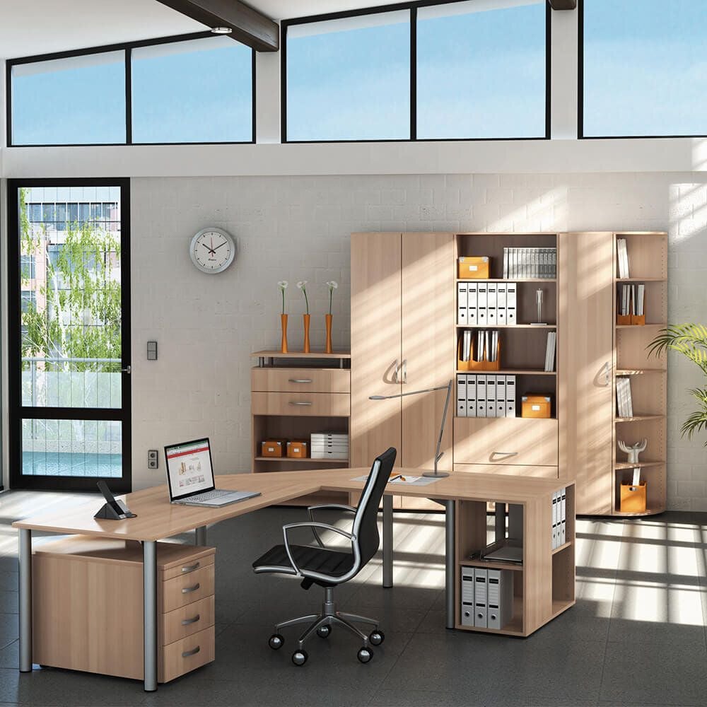 Schreibtisch Geramöbel 4 Fuß Flex S-555101, 80x80cm (BxT), 68-80cm Höhe, quadratisch,
4-Fuß silber, buche