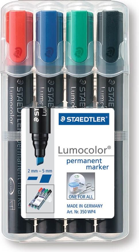 Permanentmarker Staedtler Lumocolor permanent marker 350 WP4, ca. 2-5mm, Keilspitze, Etui mit 4 Farben
